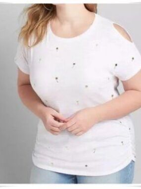 Lane Bryant Ruched Side Tee Cold Shoulder White w/ Gold Palm Trees Size 22/24